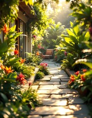 Obraz premium Tropical garden path with lush plants and flowers at sunrise