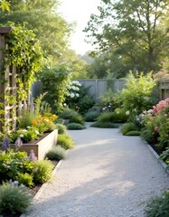 Fototapeta premium Gravel path winding through lush garden in summer sunlight