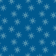 Seamless pattern with magic blue snowflakes on dark blue background. Vector image.