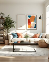 Modern living room design with sofa, plants, and artwork displaying geometric shapes