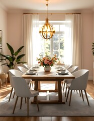Modern dining room interior with wooden table and white chairs