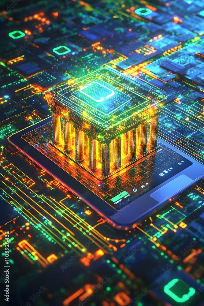 Poster a digital temple structure on a circuit board, symbolizing technology and innovation.