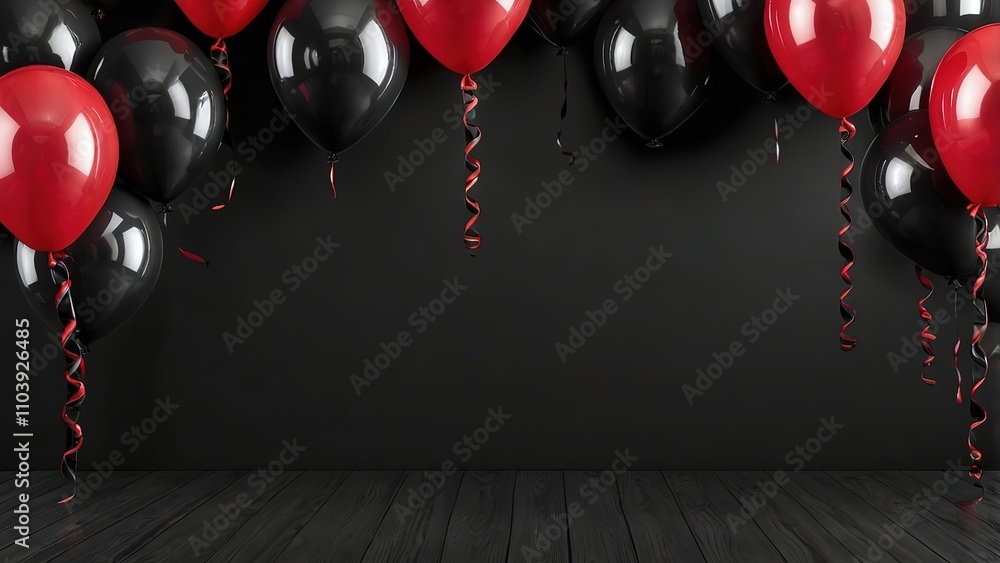 Poster black background with red and black balloons on one side of the image. empty space for text. black f