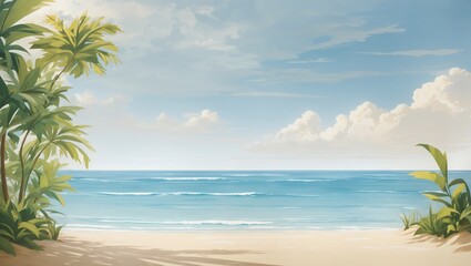 Fototapeta premium A sunny beach scene with palm trees light blue water and a sandy shore.