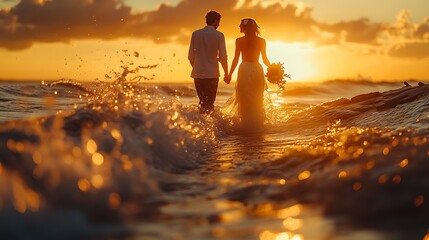 Beachfront Romance Endless shoreline with waves Golden hour backlighting Soft blues and sandy neutrals Crashing waves, seashells Driftwood bench, floral wreath Smooth sand, reflective water Couple