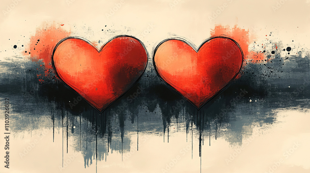 Poster two vibrant red hearts with abstract splashes of color representing love and connection on a texture