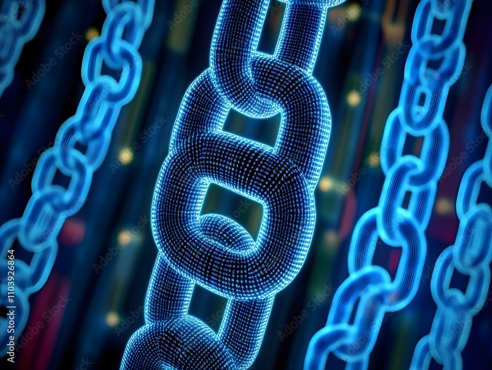 Poster a digital representation of interconnected chains symbolizing blockchain technology.