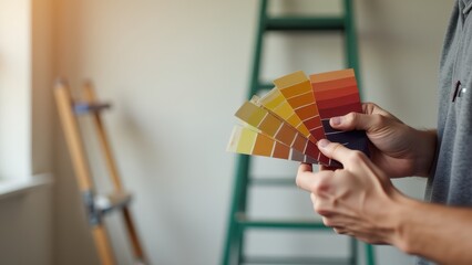 Swatches in hand for color selection. A hand holds paint swatches in shades of green and blue near a white wall. A ladder and brush are visible in the blurred background. 