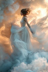 figure dressed in soft flowing translucent fabric gown