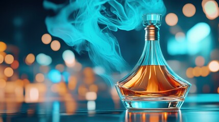 Elegant glass bottle filled with amber liquid, surrounded by swirling smoke and soft bokeh lights, creating a sophisticated and moody atmosphere for beverage photography