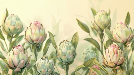 Fototapeta premium Frame with fresh artichokes on green background.Natural plant vegetable banner for food related design,or as a backdrop for recipes or cooking lessons.