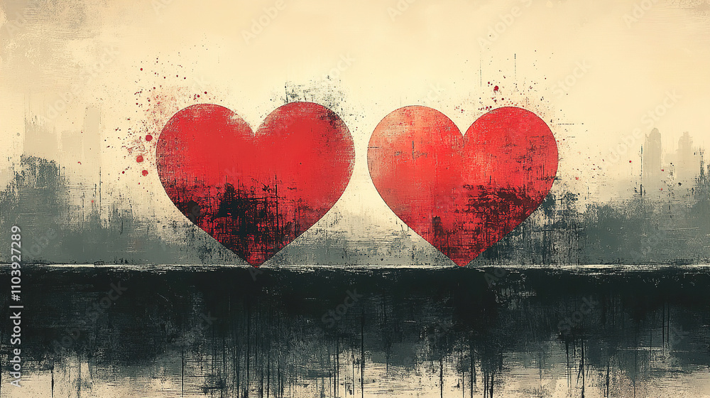 Poster two stylized red hearts with a textured background representing love and connection in an artistic s