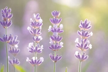 Fototapeta premium A close-up of lavender flowers in soft focus, showcasing their beauty and tranquility.