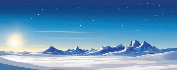 Fototapeta premium A serene winter landscape with snow-covered mountains and a bright sun in the sky.