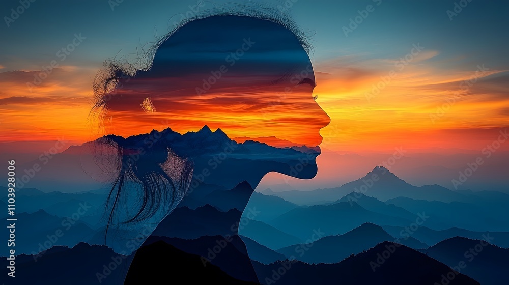 Poster silhouette of a female profile with dreamy landscape and vibrant sunset overlaid, capturing the esse