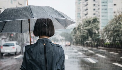 비 오는 거리에서 우산을 쓰고 혼자 걷는 사람의 뒷모습