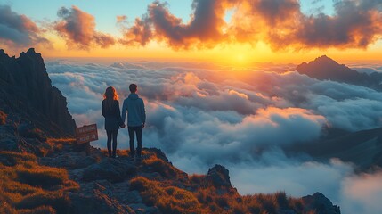 Obraz premium Mountain Majesty Rugged peaks and valleys Sunrise glow Earthy greens and blues Cloud-covered summits Wooden signs, wool blanket Jagged rocks, lush foliage Couple hiking hand-in-hand Spring Tender
