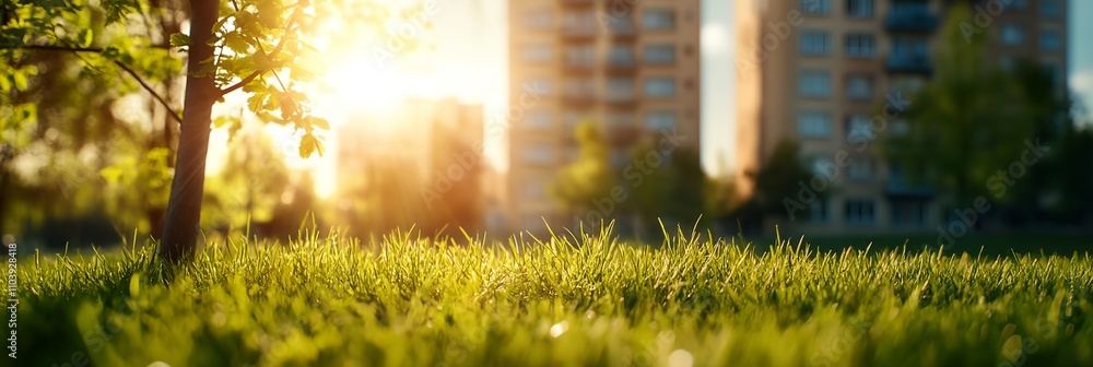 Aufkleber a tree is in the foreground of a grassy field with a bright sun shining on it. the sun is casting a 