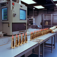 Bullets arranged neatly on a workstation in a modern manufacturing facility