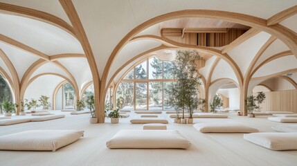 This meditation area features soft cushions arranged for comfort, surrounded by greenery and large windows that allow natural light and views of the peaceful landscape outside