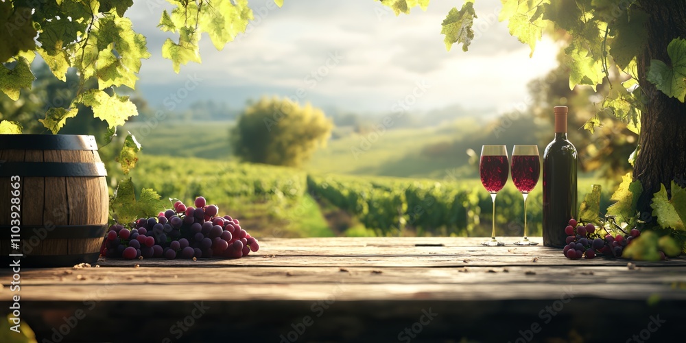 Poster a table with a bottle of wine and two wine glasses, surrounded by grapes. the scene is set in a vine