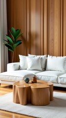 Modern Living Room with Stylish White Couch and Unique Wooden Coffee Table