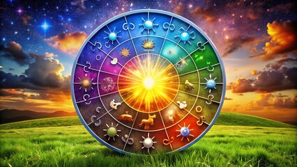 Vibrant Gradient Graphic Featuring Zodiac Signs in a Puzzle Design with a Decorative Frame Captured in Orenburg, Russia on September 22, 2021