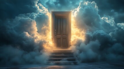 Intriguing entrance surrounded by mystical fog and shimmering light,神秘的な霧と揺らめく光に囲まれた興味深い入口,Generative AI