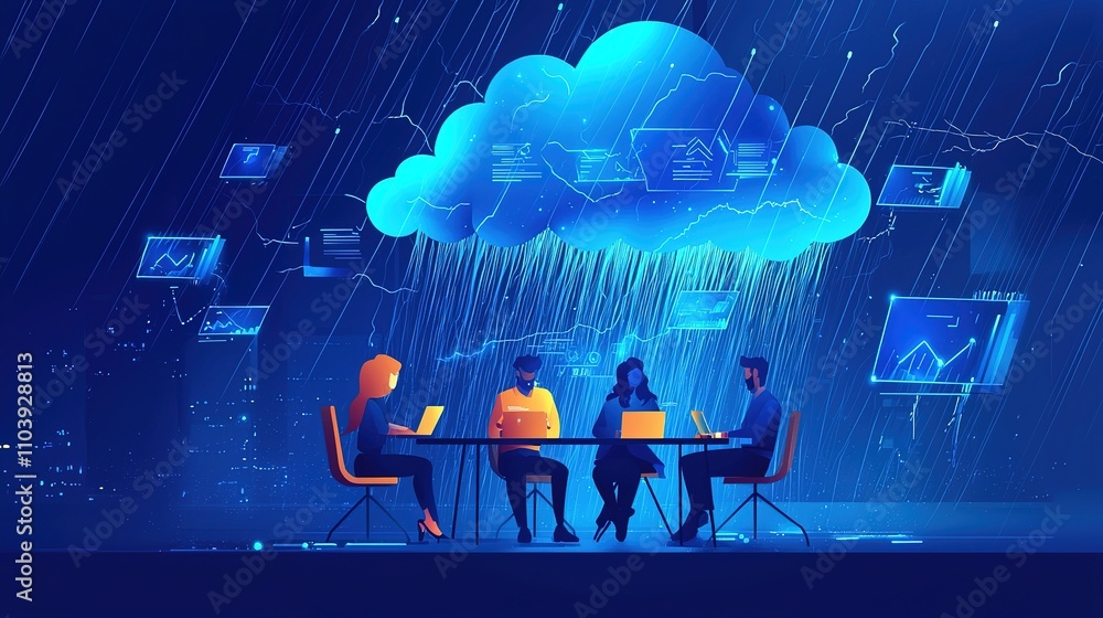 Poster a group of people collaborating under a digital cloud, with data visuals and rainfall, symbolizing c