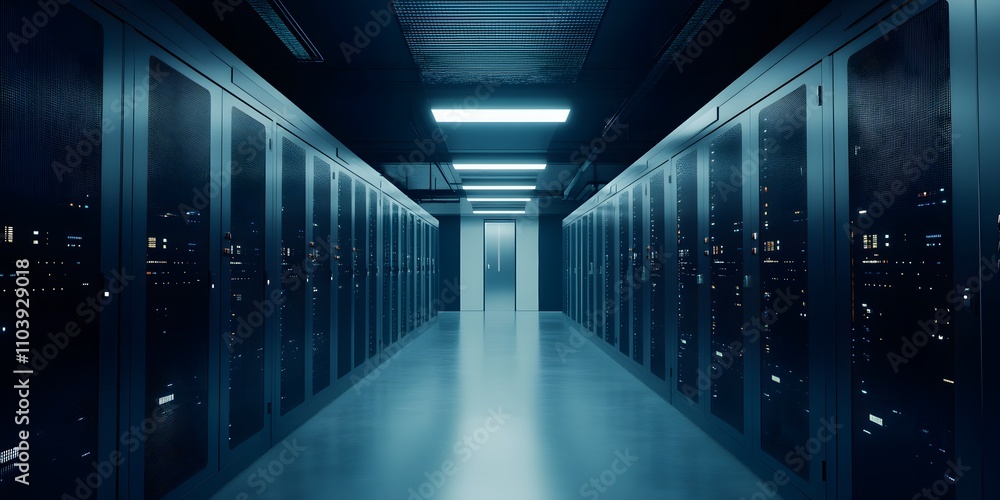 Poster a dimly lit data center corridor lined with server racks.