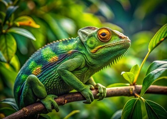 Vibrant Green Chameleon Perched on Branch Against a Lush Tropical Background in a Stunning Close-Up Capture of Nature's Colorful Reptile Wonders for Stock Photography Needs