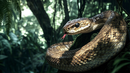 Fototapeta premium Python coiled on forest floor in tropical jungle, vibrant sunlight on scales 