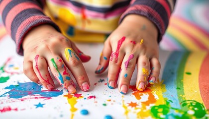 Naklejka premium Child's Hands, Colorful Paint, Creative Fun