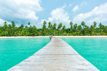 Wooden bridge on sea for entry to the beautiful island.