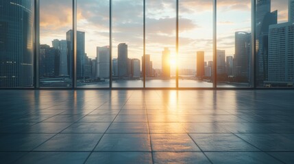 Fototapeta premium Empty square floor with a city skyline and river background at sunset