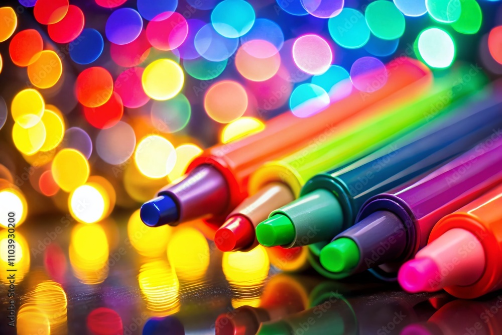 Poster vibrant highlighter elements with red circle markers on a soft bokeh background for creative project