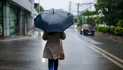 비 오는 거리에서 우산을 쓰고 혼자 걷는 사람의 뒷모습