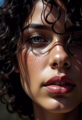 Close-Up Portrait of Woman With Freckles and Curly Hair © Ananto