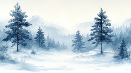 Serene Winter Landscape with Snow-Covered Trees and Mountains in the Background