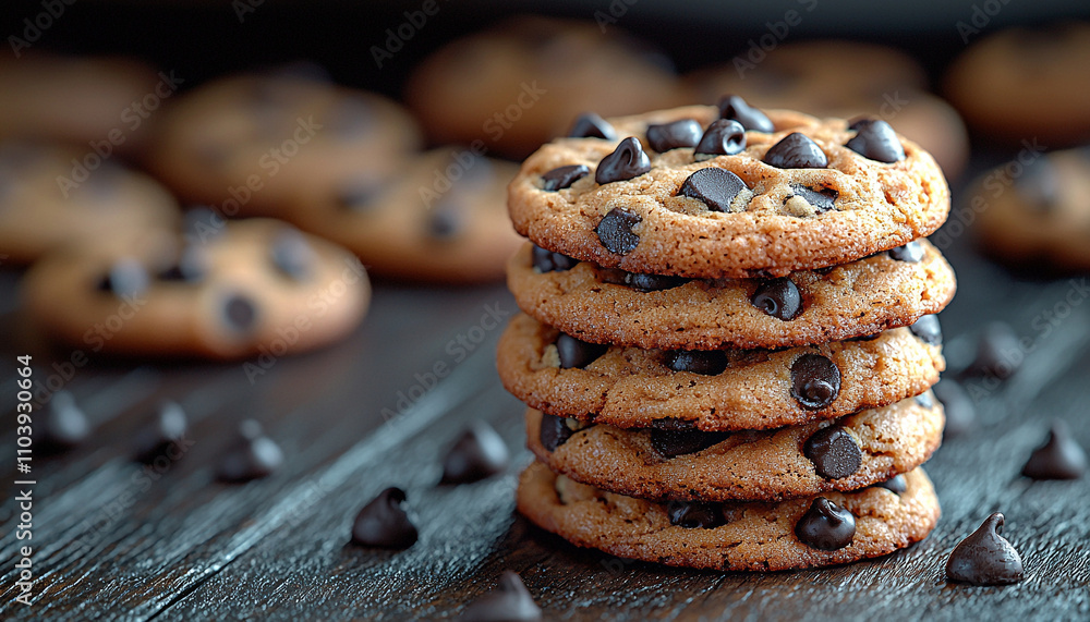 Poster stack of homemade chocolate chip cookies on table generated by ai