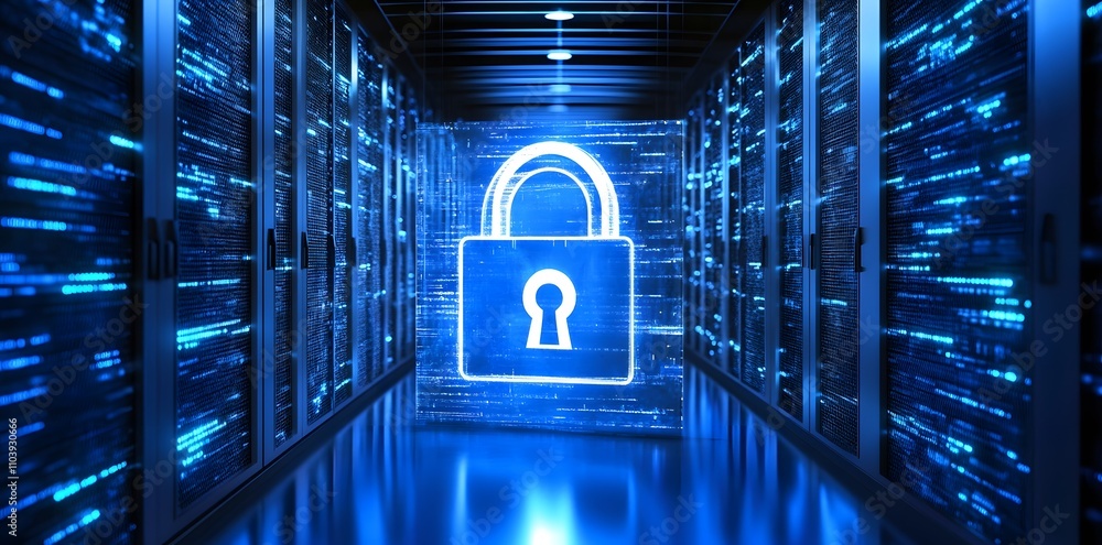 Aufkleber a digital representation of cybersecurity with a padlock symbol in a server room.