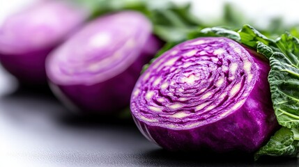 Fototapeta premium A close-up shot of cut purple cabbage showcasing its intricate layers and vibrant color, perfect for highlighting the visual appeal and healthy qualities of fresh ingredients.