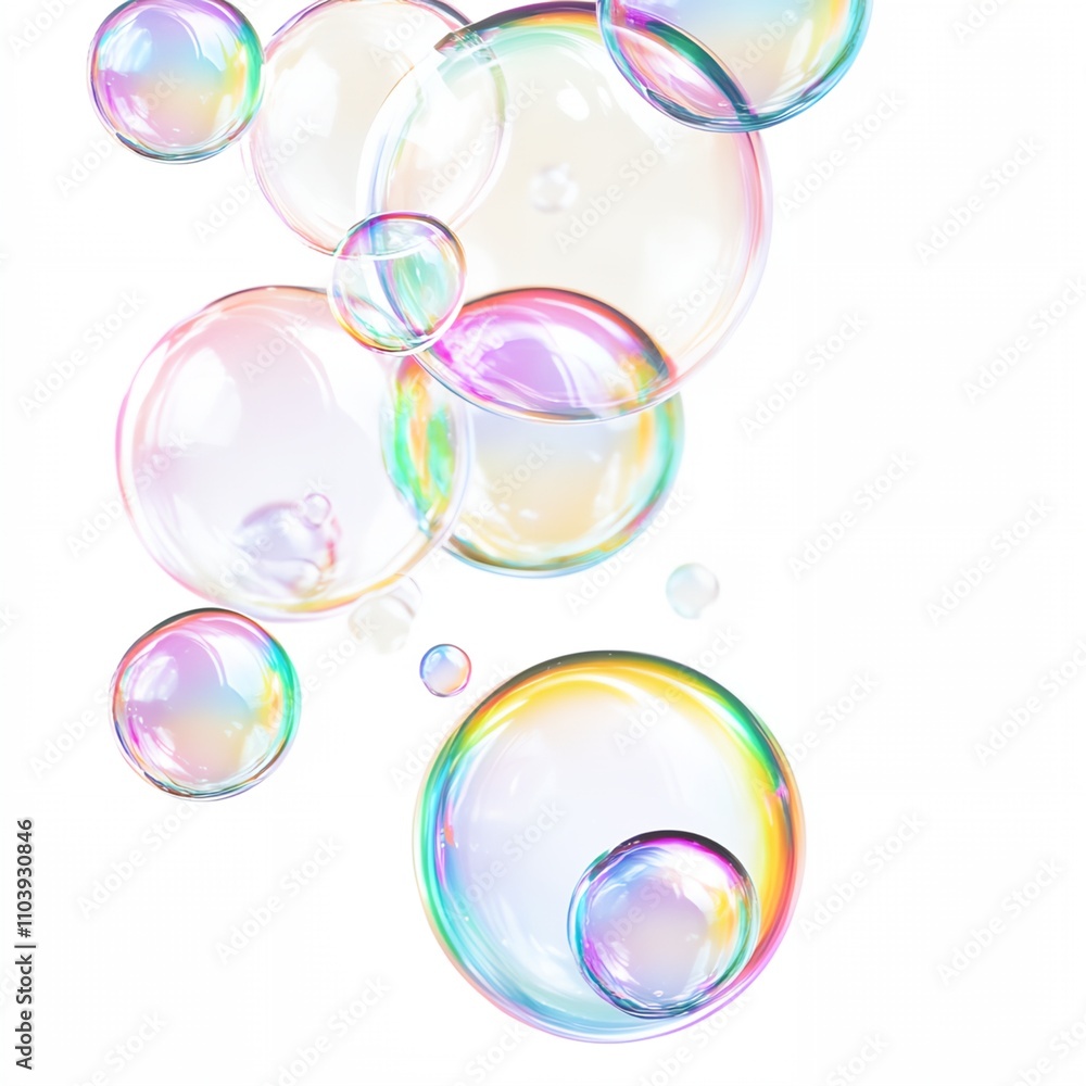 Poster a colorful array of bubbles floating in the air. the bubbles are of different sizes and colors, crea