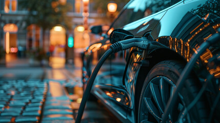 sleek electric vehicle is charging at modern station, showcasing future of sustainable transportation. urban backdrop features soft lighting, enhancing scenes ambiance