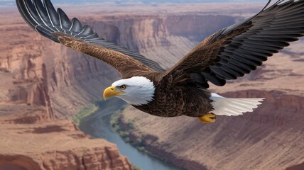Obraz premium Majestic Bald Eagle Soaring High Above a Canyon at Sunset