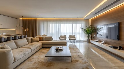Fototapeta premium Modern living room with elegant furniture and large windows for natural light.