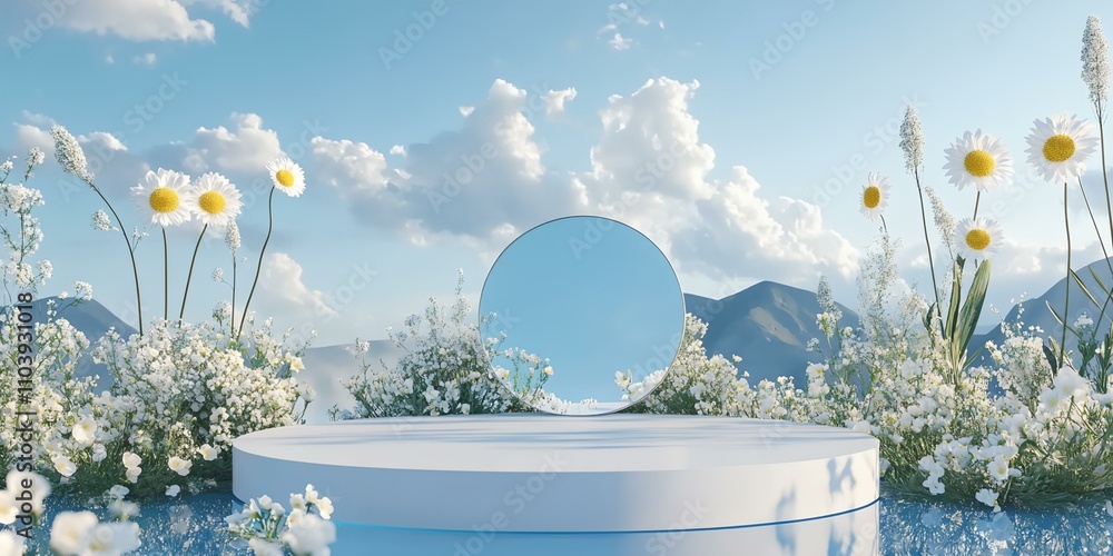 Poster a white and blue stage with a large mirror in the middle. the stage is surrounded by a field of flow