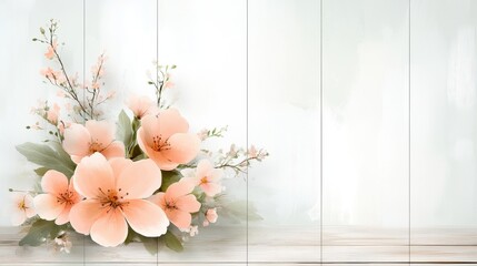Soft Peach Blossom Arrangement on Light Background with Wooden Texture