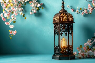 Arabian traditional lantern Light Lamp and Tasbeeh on light blue color background. 