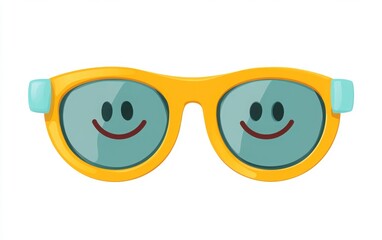A fun and colorful clip art of sunglasses featuring a happy emoji face on the lenses, isolated on a white background. 